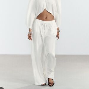 Zara Linen Blend White Wide Leg Pleated Palazzo Pants Sz-S